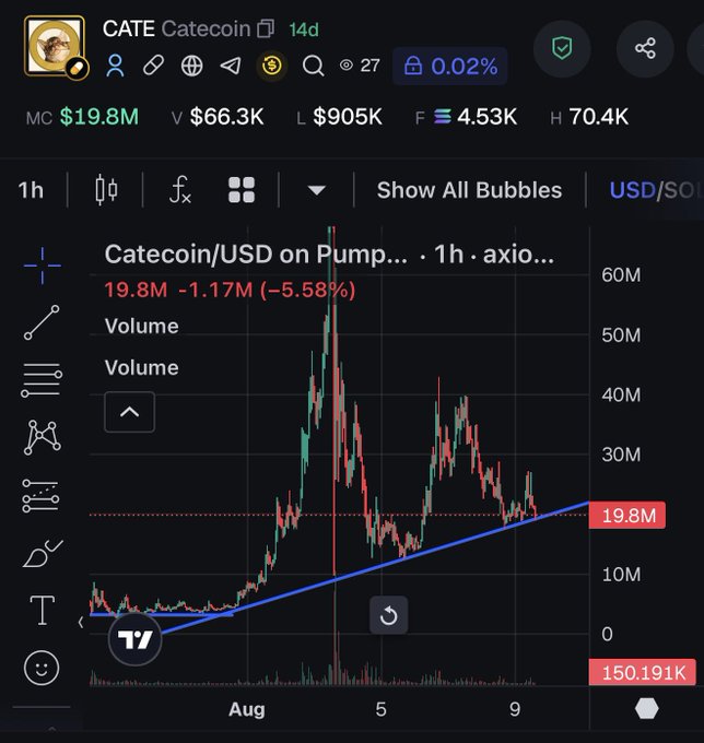 A trading chart of $CATE (Catecoin) on Pump showing a market cap of $19.8M, down 5.58% (-$1.17M), with a trendline marking recent price action and a 1-hour timeframe—visually supporting the poster's "DCA and slay" bullish sentiment despite the current dip.