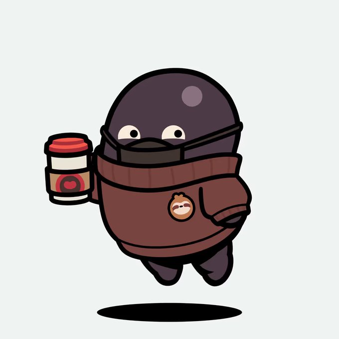 A cartoon illustration of a small round purple character in a brown jacket holding a coffee cup with a heart design, featuring a sloth badge on its jacket.