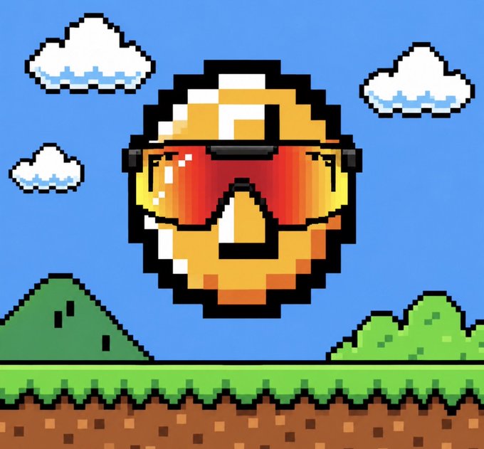 A pixel art image depicts a Super Mario-style yellow mushroom block with a red '2' on its face, floating against a blue sky with white clouds above a green hill and grass platform.