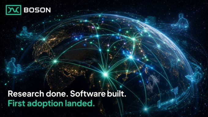 A promotional banner for BOSON featuring a glowing network overlay on a globe with the text 'Research done. Software built. First adoption landed.'