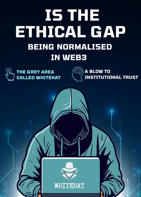 A graphic poster with the headline 'IS THE ETHICAL GAP BEING NORMALISED IN WEB3' featuring a hooded figure working on a laptop branded 'WHITEHAT', with subtopics about the grey area and institutional trust.