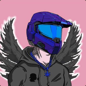 A digital drawing shows a character wearing a futuristic purple and blue helmet with a blue visor, a black hoodie, and a blue necklace. Black feathered wings are visible behind them against a solid pink background.