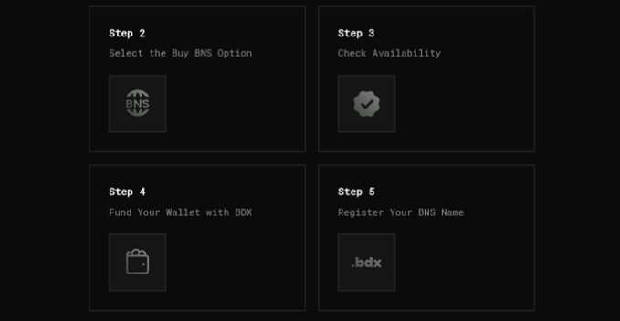 A four-step guide (Steps 2-5) for registering a BNS name on the BeldexCoin Wallet, showing instructions to select the Buy BNS option, check availability, fund the wallet with BDX, and register a .bdx name—illustrating the process of obtaining a BNS for easier BDX transactions.