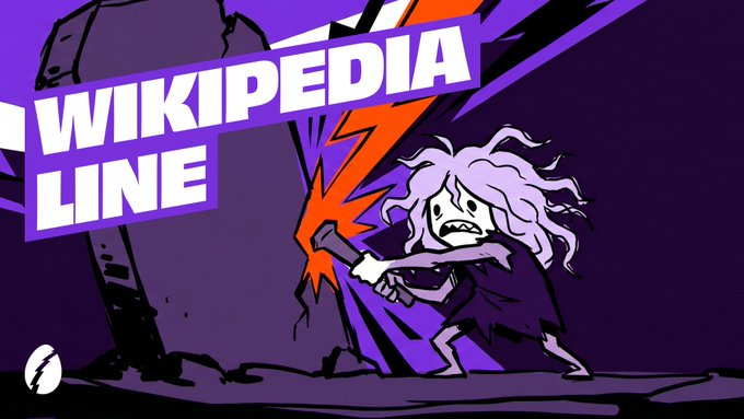An illustrated cartoon character with wild hair wields a sword amid purple lightning bolts, with bold text reading "WIKIPÉDIA LINE" — visually framing the campaign's playful concept of writing your own Wikipedia entry.