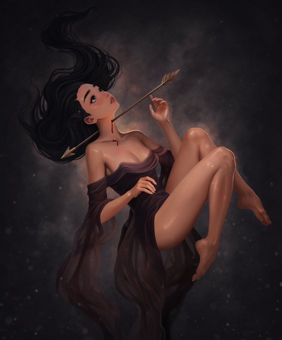 The image features a woman with long hair, dressed in a dress, holding an arrow in her hand. The background of the image is dark and has a star-like pattern. The caption for this image reads "GM+ NEW DROP ~~silent fall~~~~~1/1~~~~~~". This post seems to be about a girl who fell into space and is now floating among stars, with an arrow in her hand.