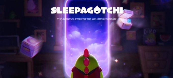 A promotional graphic for 'SLEEPAGOTCHI - THE AGENTIC LAYER FOR THE WELLNESS ECONOMY' featuring a cartoon character facing a glowing portal.