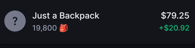 A screenshot of a trading interface displays "Just a Backpack" priced at $79.25, with a value of $20.92 in green (indicating a gain) and 19,800 shares held. The image visually supports the post's message of receiving a $79 gift of the asset, showing both the price and the user's accumulated holdings.