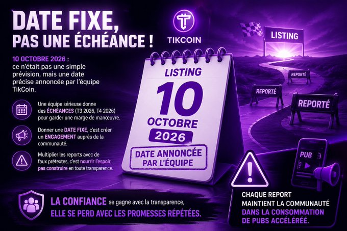 The image is a purple-toned promotional graphic for $TikCoin titled "DATE FIXE, PAS UNE ÉCHÉANCE!" (Fixed date, not a deadline!), featuring a central calendar displaying the listing date of October 10, 2026, alongside icons and warning symbols emphasizing the team's commitment and criticism of repeated delays. The accompanying post reinforces this message by arguing that the October 10, 2026 listing date was a definitive announcement by the TikCoin team rather than a tentative projection, pushing back against reinterpretations that downplay the promise.