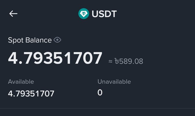 A digital wallet interface displays a USDT (Tether) Spot Balance of 4.79351707, approximately equal to ₺589.08.