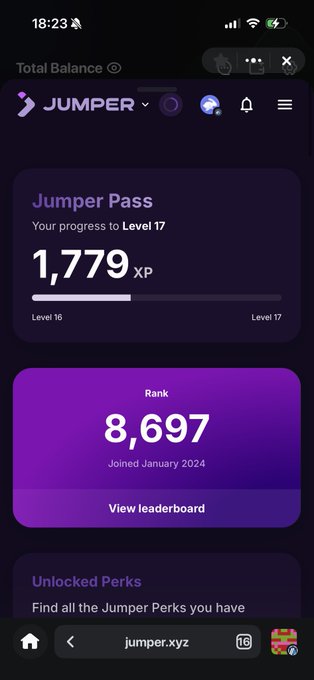 A Jumper.xyz mobile app screen displaying 1,779 XP progress toward Level 17 and a rank of 8,697, joined January 2024.