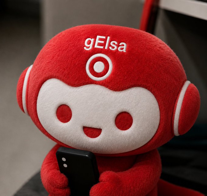 A red plush mascot labeled "gElsa" holds a smartphone, visually representing how AI-powered assistants like gElsa can simplify DeFi by letting users just state their goals conversationally (e.g., "swap $100 into AERO") instead of navigating complex DEX interfaces manually.