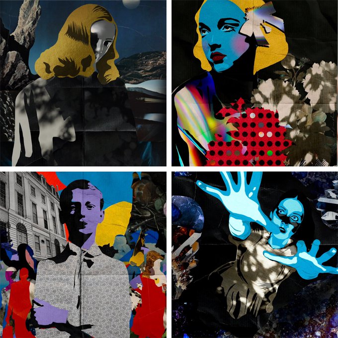 A collage of four stylized, pop-art portraits featuring figures with bold colors, abstract patterns, and mixed media elements, including a masked figure and a woman with blue-toned skin holding up her hands.