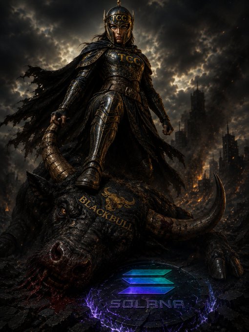 A dramatic fantasy warrior in dark armor with a cape stands atop a defeated beast's horned skull in a fiery, ruined cityscape; the armor bears 'TCC' and the creature is labeled 'BLACKBULL', with a glowing Solana (SOL) logo at the bottom.