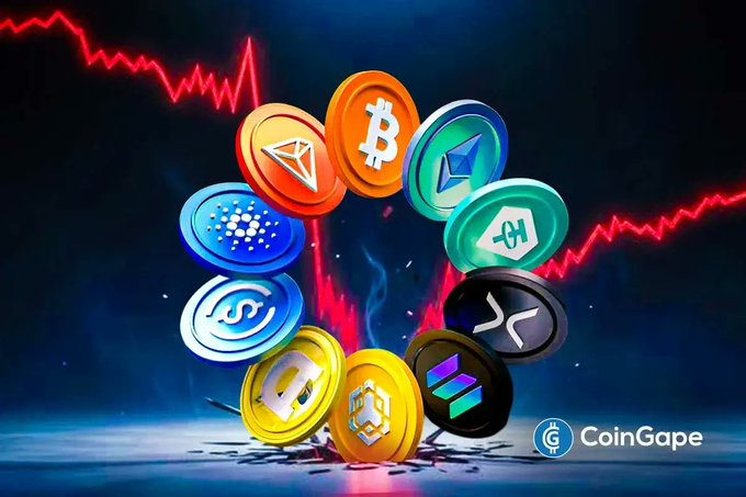 A collage of various cryptocurrency coins, including Bitcoin, Ethereum, Tron, and XRP, arranged in a circular formation against a backdrop of a downward-trending red market chart, reflecting the broader crypto market decline while highlighting DEXE as a top gainer. The "CoinGape" logo is visible in the bottom right corner.