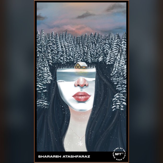 A surreal digital artwork by Sharareh Atashfaraz depicts a woman's face blending seamlessly into a snowy pine forest landscape, with a small cabin replacing her eye area, creating an ethereal dreamscape under a dusky pink sky. The piece is displayed in a black frame with "SHARAREH ATASHFARAZ" text at the bottom and an NFT logo, featured as part of a Times Square Challenge spotlight for collection on onehub.nft.nyc.