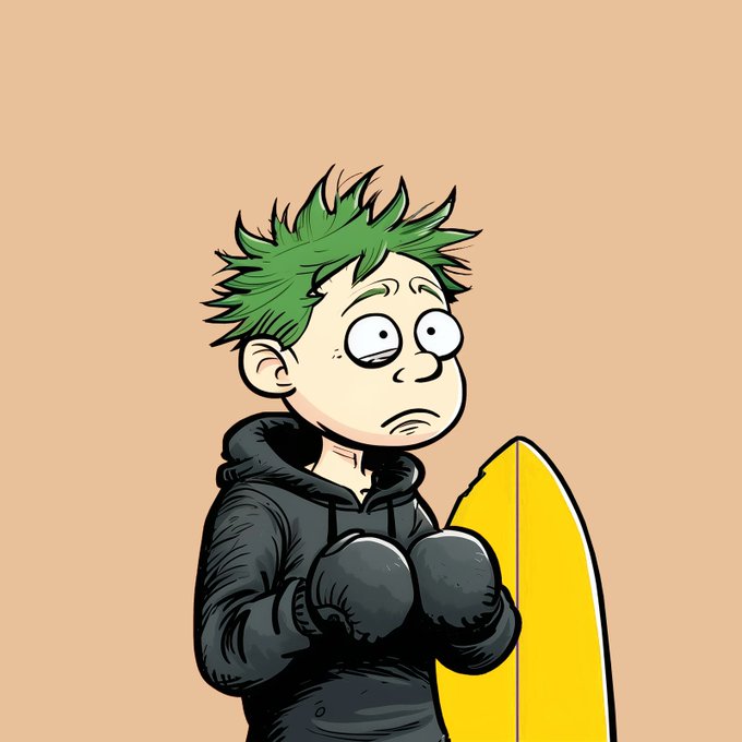 A cartoon illustration of a character with spiky green hair, large expressive eyes, and a worried expression, wearing a black hoodie and boxing gloves while holding a yellow surfboard against a tan background.
