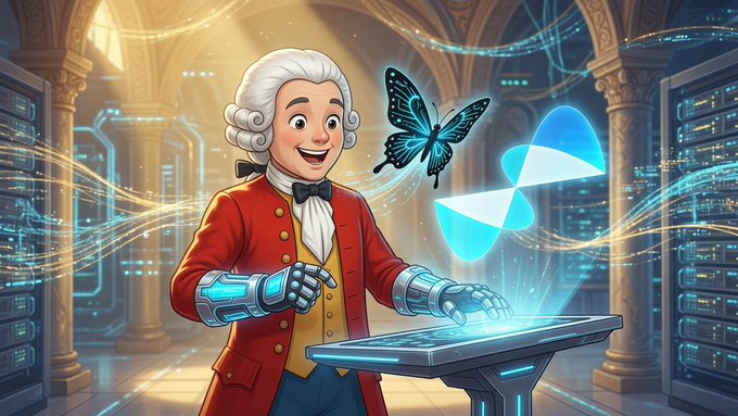 A cartoon image depicts a man dressed as Mozart in 18th-century attire but with robotic cybernetic hands, working at a glowing futuristic control panel with a blue butterfly nearby.