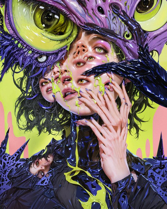 A surreal, psychedelic digital artwork featuring a central female face surrounded by multiple other faces, large green eyes, and dark purple claw-like hands dripping with neon green slime against a bright yellow and pink background.
