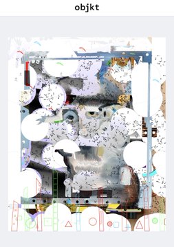 A piece of artwork labeled 'objkt' featuring abstract mixed-media elements, comic-like faces, and geometric symbols arranged on a white background.