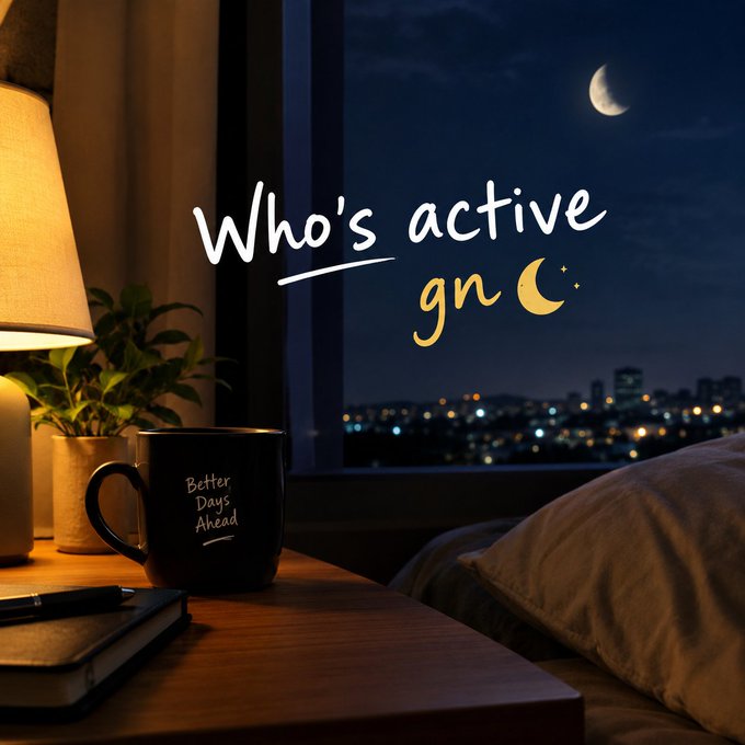 A cozy nighttime scene shows a mug reading "Better Days Ahead" on a wooden desk beside a window, with "Who's active gn" and a crescent moon emoji overlaid on the city skyline.