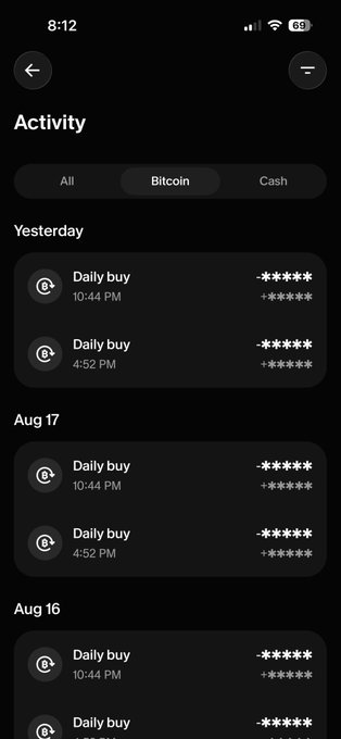 A smartphone screenshot showing a financial 'Activity' page filtered by 'Bitcoin', displaying daily buy transactions grouped by dates including Yesterday, Aug 17, and Aug 16.