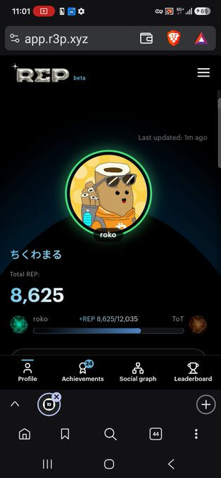 A mobile screenshot of the 'app.r3p.xyz' website showing a REP beta profile for user 'roko' (ちくわまる) with a dog avatar wearing a halo, displaying a Total REP score of 8,625 and a progress bar at 8,625/12,035.