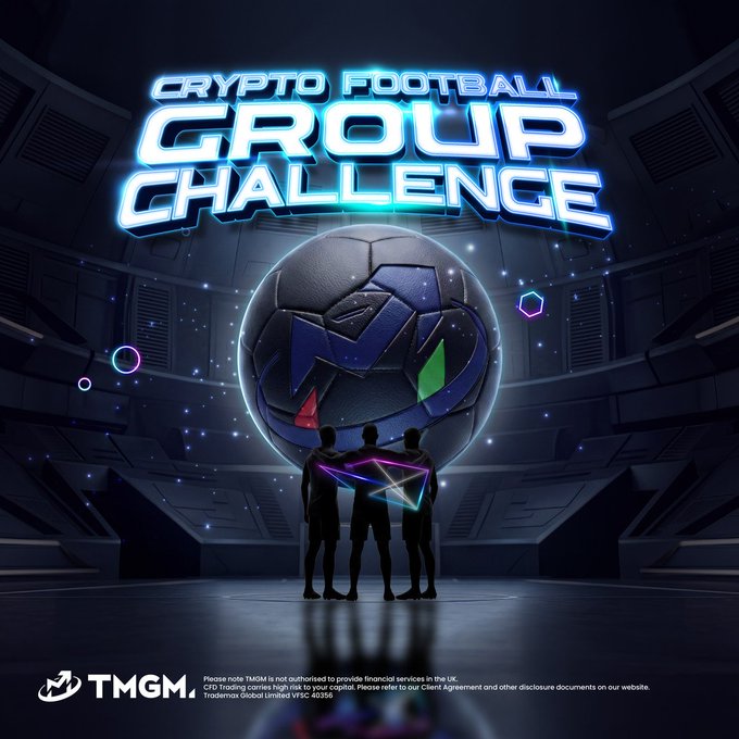 The image features a poster for a Cryptocurrency Football Group Challenge, with three people standing in front of a soccer ball. The poster also includes text that reads "Trying to predict football tournaments and trading BTC both feel like confidence tests Came across @TMGM_CryptoCFD and the World Cup campaign actually makes more sense the more I looked at it. You pick 10 teams advancing while trading BTCUSD directly in the app during the". This suggests that the challenge is related to predicting soccer tournament outcomes and trading Bitcoin, with a focus on Bitcoin trading within the context of the football world.