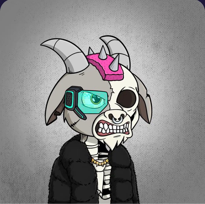 A cartoon drawing of a skeletal goat character with a pink horned helmet, wearing a black fur coat, a gold chain, and a teal cybernetic eye piece.