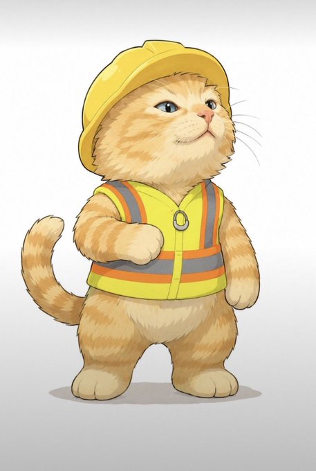 An adorable cartoon cat stands confidently on two legs, dressed in a yellow hard hat and a high-visibility safety vest with reflective stripes. The illustration evokes a sense of readiness and "construction mode," fitting the caption "It's time" as a playful call to start the day or get to work.