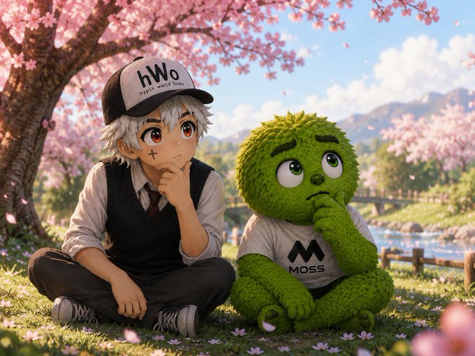 An anime-style illustration of a boy with white hair wearing an 'hWo' cap alongside a green mossy character wearing a 'MOSS' shirt, both sitting thoughtfully under a cherry blossom tree.