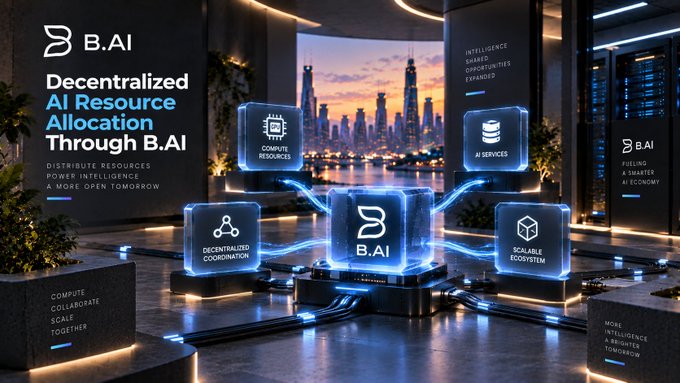A futuristic digital promotional graphic for "B.AI" with the headline "Decentralized AI Resource Allocation Through B.AI" and connected nodes labeled "COMPUTE RESOURCES", "AI SERVICES", "DECENTRALIZED COORDINATOR", and "SCALABLE ECOSYSTEM" set against a futuristic city skyline.