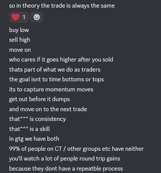 A text post on a dark background discusses trading fundamentals, stating "buy low, sell high, move on" and noting that the goal is to "capture momentum moves" and "get out before it dumps." The post emphasizes that consistency and a repeatable process are skills, claiming "in gtg we have both" while "99% of people on CT / other groups etc have neither," aligning with the post's caption about "exclusive insight into gtg education alpha."