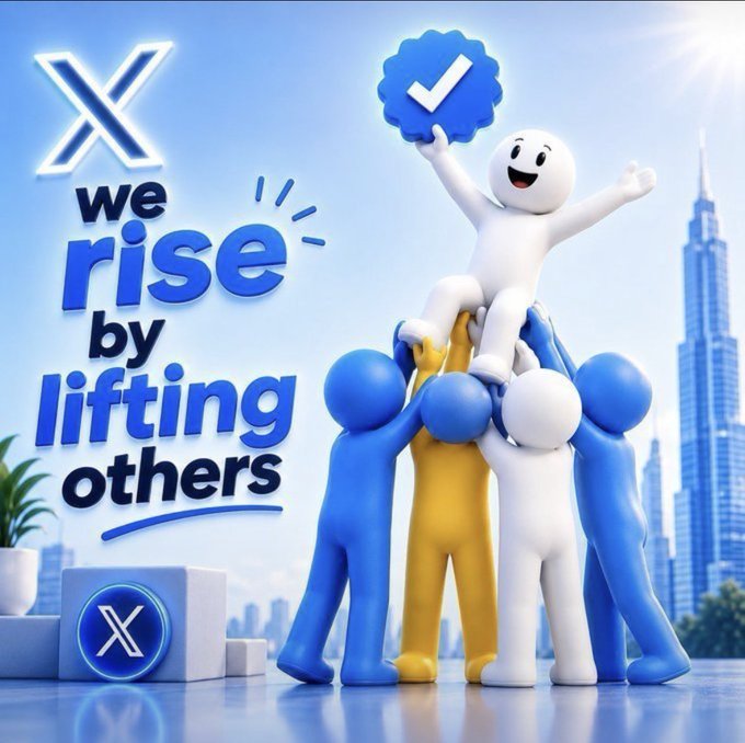 A 3D illustration of small colorful figures lifting a white smiling figure who holds a blue checkmark, with text reading "we rise by lifting others" next to the X logo.