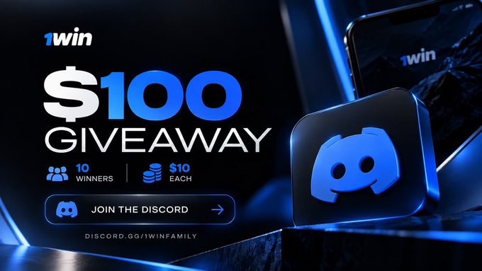 A promotional graphic for '1win' announces a '$100 GIVEAWAY' featuring the Discord logo, noting '10 WINNERS $10 EACH' and inviting users to 'JOIN THE DISCORD' at discord.gg/1winfamily.