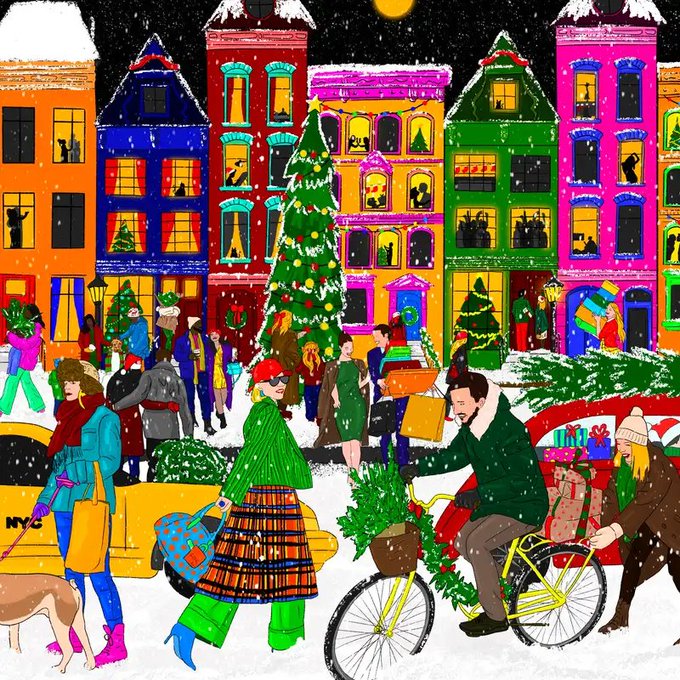 A colorful, stylized illustration of a snowy holiday street scene featuring vibrantly painted townhouses, a large decorated Christmas tree, and figures carrying shopping bags and a bicycle adorned with greenery.