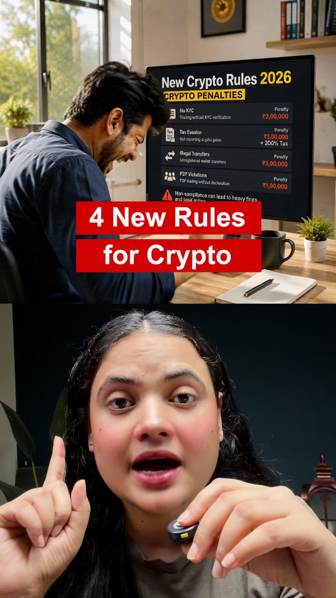 The image is a split-screen thumbnail showing a man looking at a monitor displaying "New Crypto Rules 2026" with various crypto penalties (No KYC: ₹2,00,000, Tax Evasion: ₹5,00,000 + 200% Tax, Illegal Transfers: ₹3,00,000, P2P Violations: ₹1,00,000), while a woman below points upward and holds a small device, with the overlay text "4 New Rules for Crypto" matching the post's message about 4 new crypto rules for Indian traders.