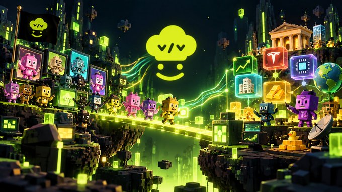 A vibrant green-toned digital illustration of a voxel/blocky cyberpunk cityscape featuring various pixel-art mascots, a smiling cloud icon, and icons for crypto projects like a golden temple (likely representing a token), and a Bitcoin symbol.