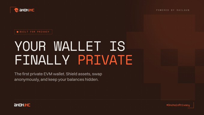A promotional banner for "ZNON.INC" advertising a private EVM wallet with the tagline "YOUR WALLET IS FINALLY PRIVATE," noting it is "BUILT FOR PRIVACY" and "POWERED BY RAILGUN," with hashtags #OnchainPrivacy and #PrivateTransactions.
