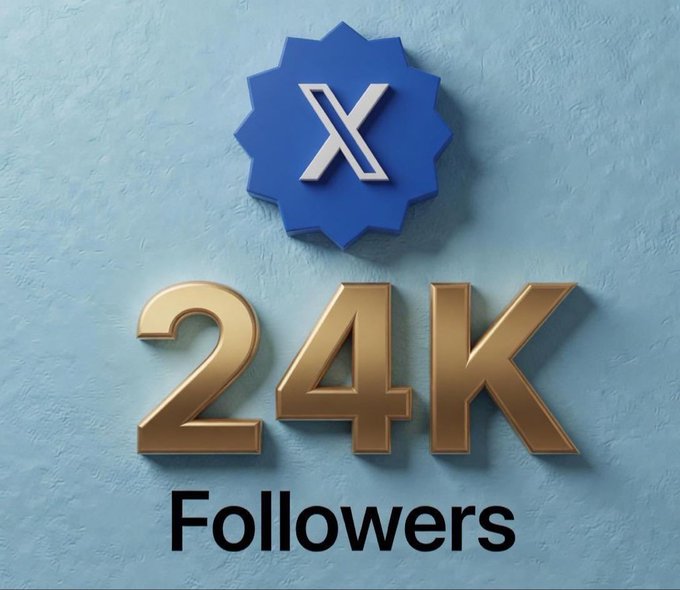 A 3D graphic on a blue background displays the X (formerly Twitter) logo above the gold text '24K Followers'.