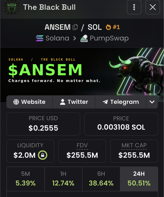 A token info page for 'The Black Bull' on PumpSwap shows the $ANSEM token with a price of $0.2555 (0.003108 SOL), $2.0M liquidity, $255.5M FDV, and significant gains of 5.39% (5M), 12.74% (1H), 38.64% (6H), and 50.51% (24H).