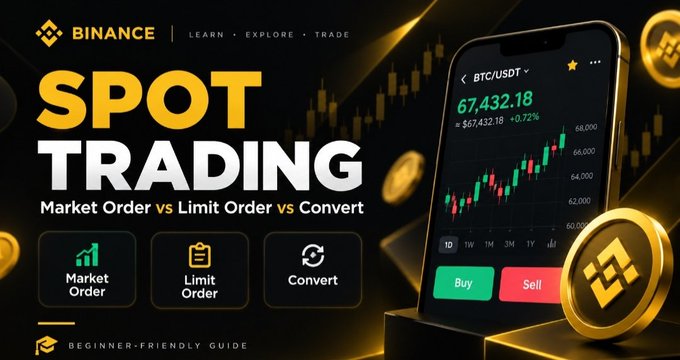 This Binance promotional graphic illustrates the three main spot trading methods—Market Order, Limit Order, and Convert—featured as icons beneath the headline "SPOT TRADING: Market Order vs Limit Order vs Convert," with a phone mockup displaying a BTC/USDT chart priced at $67,432.18 (+0.72%) and green Buy/red Sell buttons, visually reinforcing the post's beginner-friendly guide to choosing the right order type on Binance.