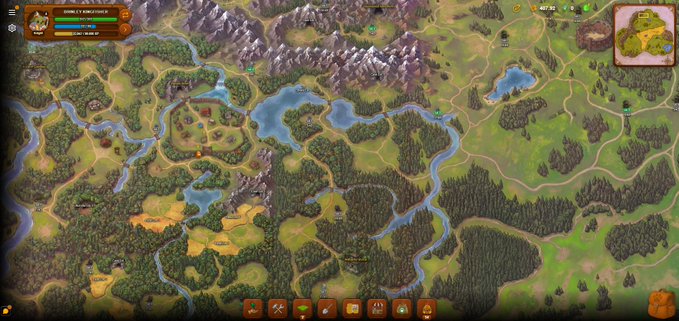 A screenshot from the game "Pawtato Land" by @pawtatofinance displays a detailed top-down map featuring forests, lakes, mountains, and rivers, with UI elements showing level 1 "Pawtator de Escritorio," resource counters of 267,560 gold and 8,180 green gems, and a minimap in the top right corner. The strategic landscape ties into the game's anniversary update, which adds new quests, events, and expanded content for the Pawtato Finance ecosystem.