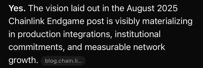 A screenshot of a social media reply begins with "Yes." and asserts that the vision laid out in the August 2025 Chainlink Endgame post is materializing through production integrations, institutional commitments, and measurable network growth, with a link to blog.chain.link—directly affirming the original post's observation that Chainlink's Endgame is indeed playing out.