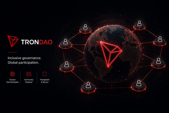 The image displays the TRONDAO logo alongside the tagline "Inclusive governance. Global participation," set against a dark background featuring a digital globe encircled by interconnected user icons symbolizing worldwide network connectivity. Supporting visual elements highlight key features: "Anyone Can Participate," "Community Powered," and "Transparent & Secure," directly reinforcing the post's message about decentralized, borderless governance in blockchain infrastructure.