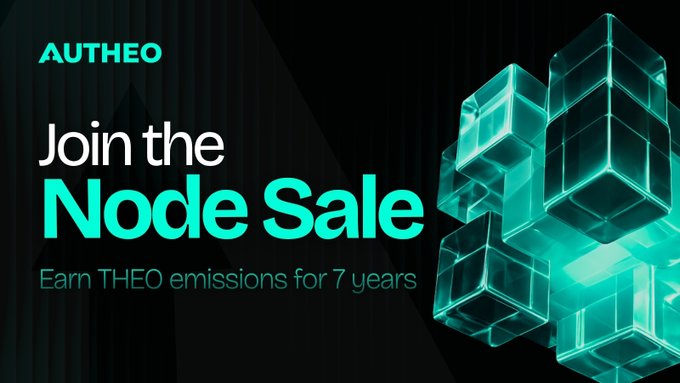 Promotional banner for AUTHEO announcing 'Join the Node Sale' to 'Earn THEO emissions for 7 years,' featuring stylized teal 3D cubes on a dark background.