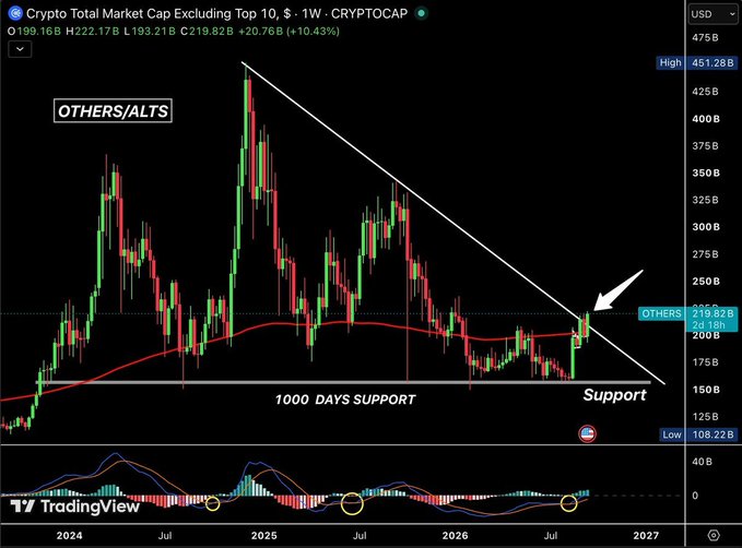 A TradingView crypto chart titled 'Crypto Total Market Cap Excluding Top 10, $ · 1W · CRYPTOCAP' displaying the OTHERS/ALTS market at 219.82B (+10.43%), with annotations showing a '1000 DAYS SUPPORT' level and a descending trendline.