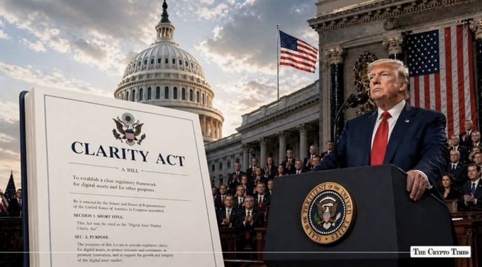 An edited image shows Donald Trump speaking at a podium in front of the U.S. Capitol, with a large book overlayed titled "CLARITY ACT" intended to represent the proposed legislation mentioned in the post.