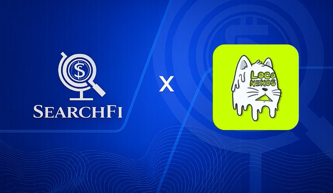 The image shows a collaboration announcement between SearchFi and Loco Nekos on a blue background, featuring the SearchFi logo (a magnifying glass with a dollar sign) next to a stylized "x" and the Loco Nekos app icon depicting a melting white cartoon cat with green text on a yellow-green background. The graphic visually represents the partnership being announced in the accompanying post about the hand-crafted digital cartoon cat NFT collection.