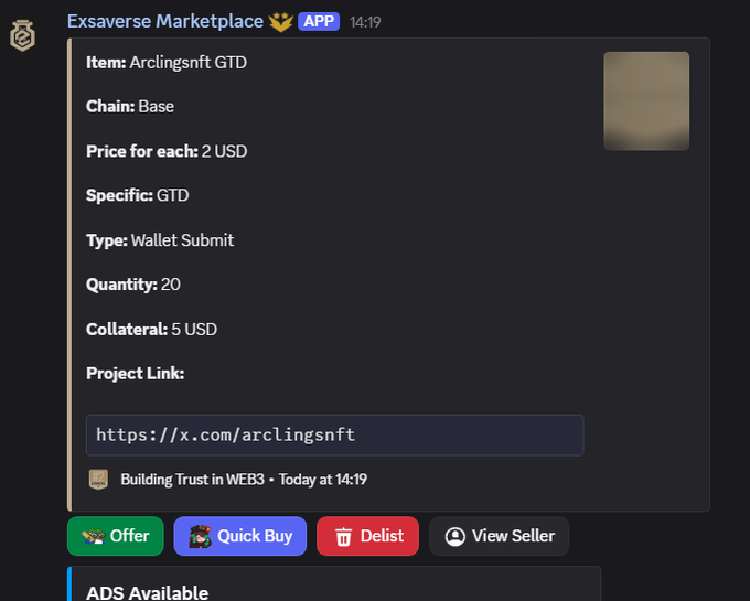 A screenshot of the 'Exsaverse Marketplace' showing a listing for 'Arclingsnft GTD' on the Base chain, priced at 2 USD each with 20 available, 5 USD collateral, and a project link to https://x.com/arclingsnft.