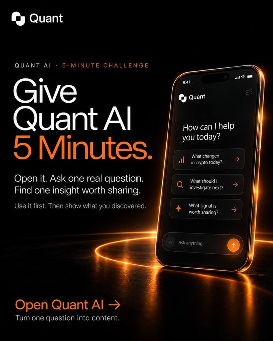 A promotional graphic for "Quant AI" featuring the text "QUANT AI · 5-MINUTE CHALLENGE," "Give Quant AI 5 Minutes," and a smartphone displaying an AI chatbot interface asking "How can I help you today?" alongside example queries about crypto and investments.